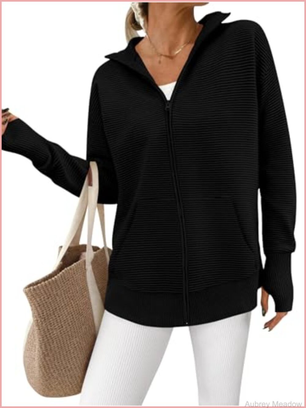 Long Sleeve Zip Up Ribbed Cardigan Sweater for Women with Thumb Holes